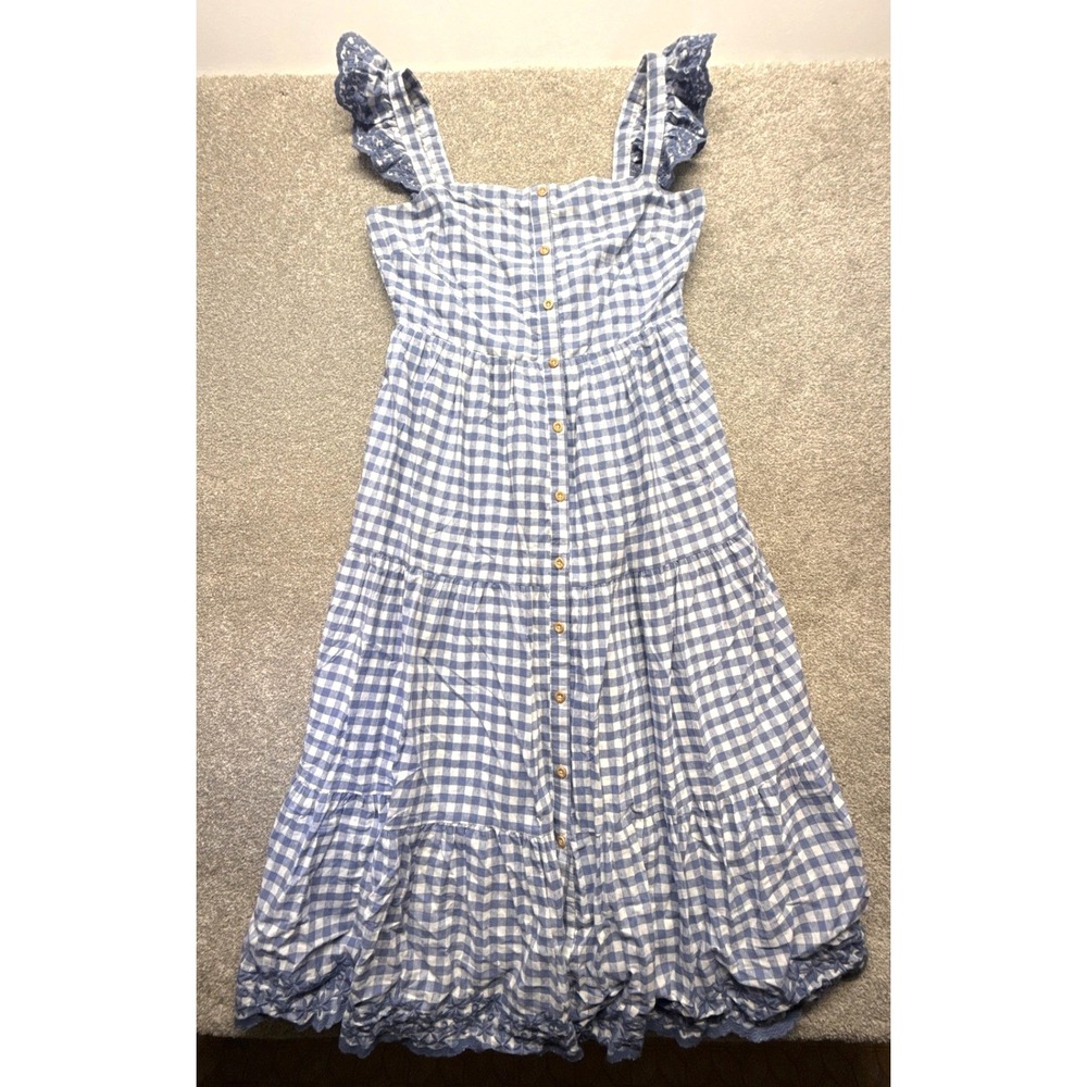 Shabby Chic Blue Gingham Cotton Tiered Midi Dress Ruffle Eyelet Straps Womens 8